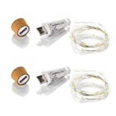 Auraglow uppladdningsbar USB-flaska kork tråd ljusslinga med 15 lysdioder (2-pack)