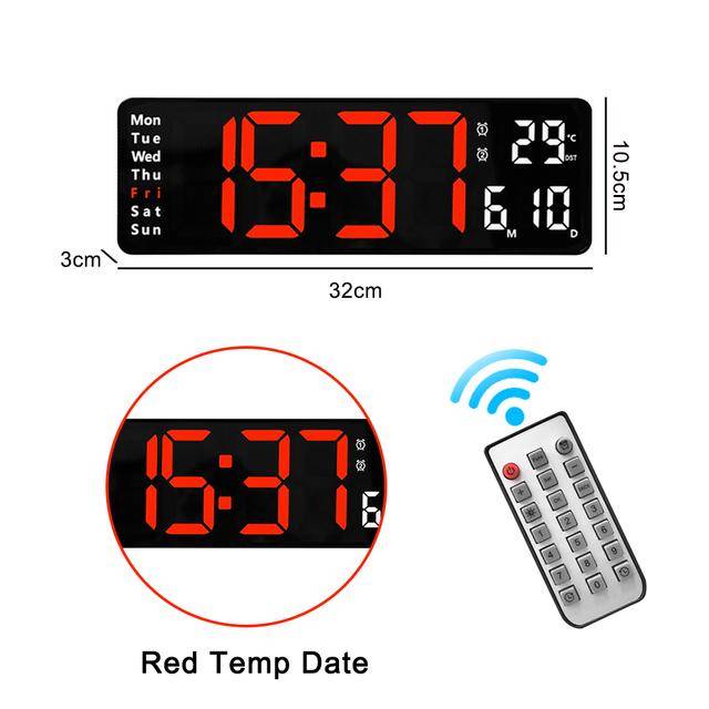 Väggmonterad digital väggklocka Fjärrkontroll Temp Datum Vecka Display Stäng av Minne Bord Klocka Dubbla larm Stora LED-klockor