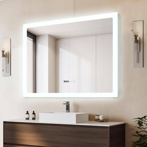YU YUSING Badspiegel mit Beleuchtung 100x80cm Badezimmerspiegel LED mit Uhr