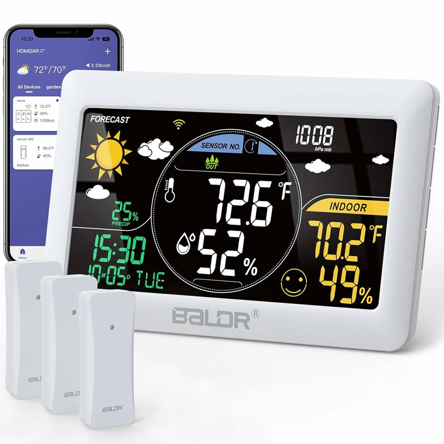 BALDR Wifi Väderstation Alarmklocka Trådlös Inomhus Utomhus Termometer Prognosstation App Fjärrkontroll