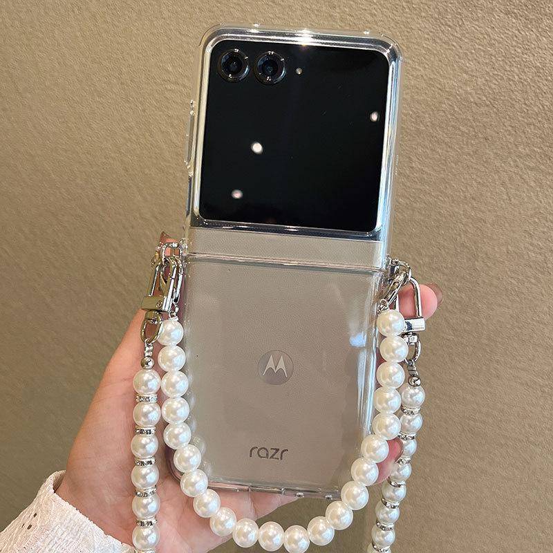 För Motorola Razr 50 Ultra Pearl Crossbody Lanyard Soft Silikon Telefonfodral för Moto Razr 40 Ultra Armbandskedja HD Transparent Klart Telefonskal
