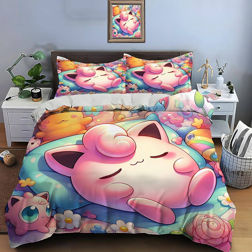 Pokemon Jigglypuff Tryck Sängklädesset Påslakan 1 Påslakan 2 Örngott Vuxen- och Barnsängklädesset Lyxig Födelsedagspresent EU Twin 135X200cm