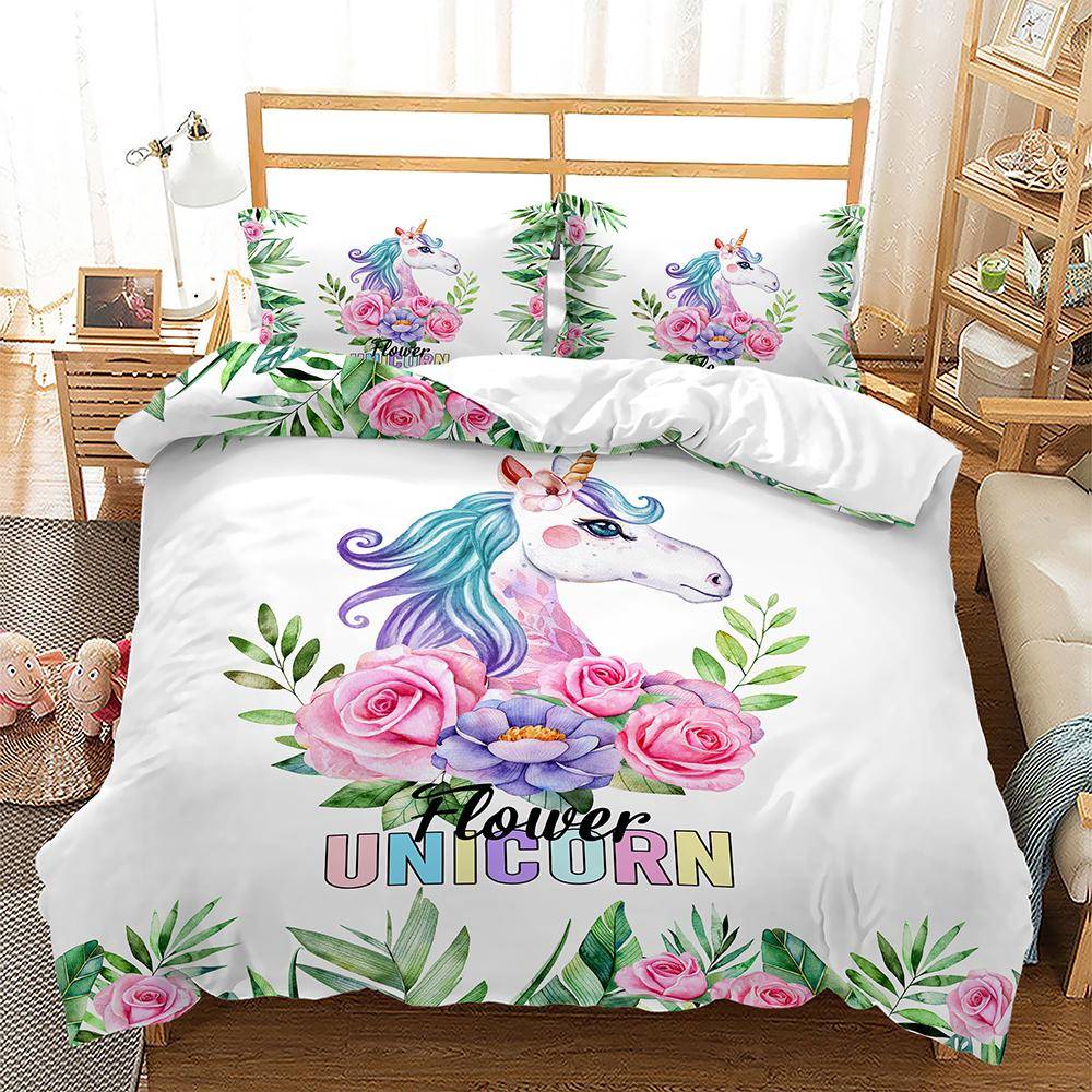 Sängklädesset med regnbågsenhörning för barn, sänglinne med tecknade djur för flickor, kawaii påslakanset, enkelsäng, enkelsäng, dubbelsäng, queen size AU Double 180x210cm