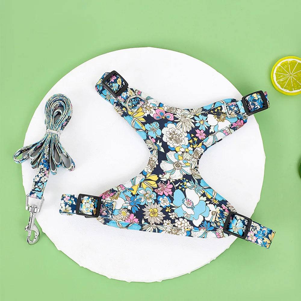 Floral Print Dog Harness & Lead Set with Reflective Strips - Blue / S / SPC (S)