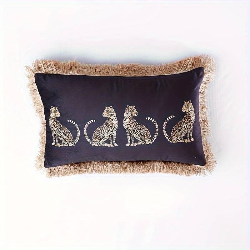 An Animal Print Pillowcase, Leopard Golden Tassel Trim Living Room Decorative Pillowcase Sofa Cushion Pillow