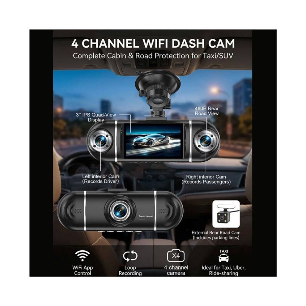 4 Channel Dash Cam for Cars WIFI APP Car DVR 1080P Camera Lens Video Driver Recorder Rear View Camera