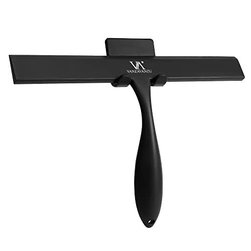 VANZAVANZU Duschskrapa skrapa dusch badrum glasdörr duschskrapa 28 cm silikon gummi med självhäftande krok, halkfri hållare, universal duschskrapa för glasdörrar, speglar, kakel, bilar (svart)
