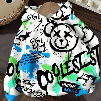 Vit sweatshirt för babypojke, mjuk stickad pullover med sött graffitimönster, avslappnad streetstyle, lös, för skolstart, sport och fritid, höst/vinte - Multifärgad (6-9M,9-12M,12-18M,18-24M,2-3Y)