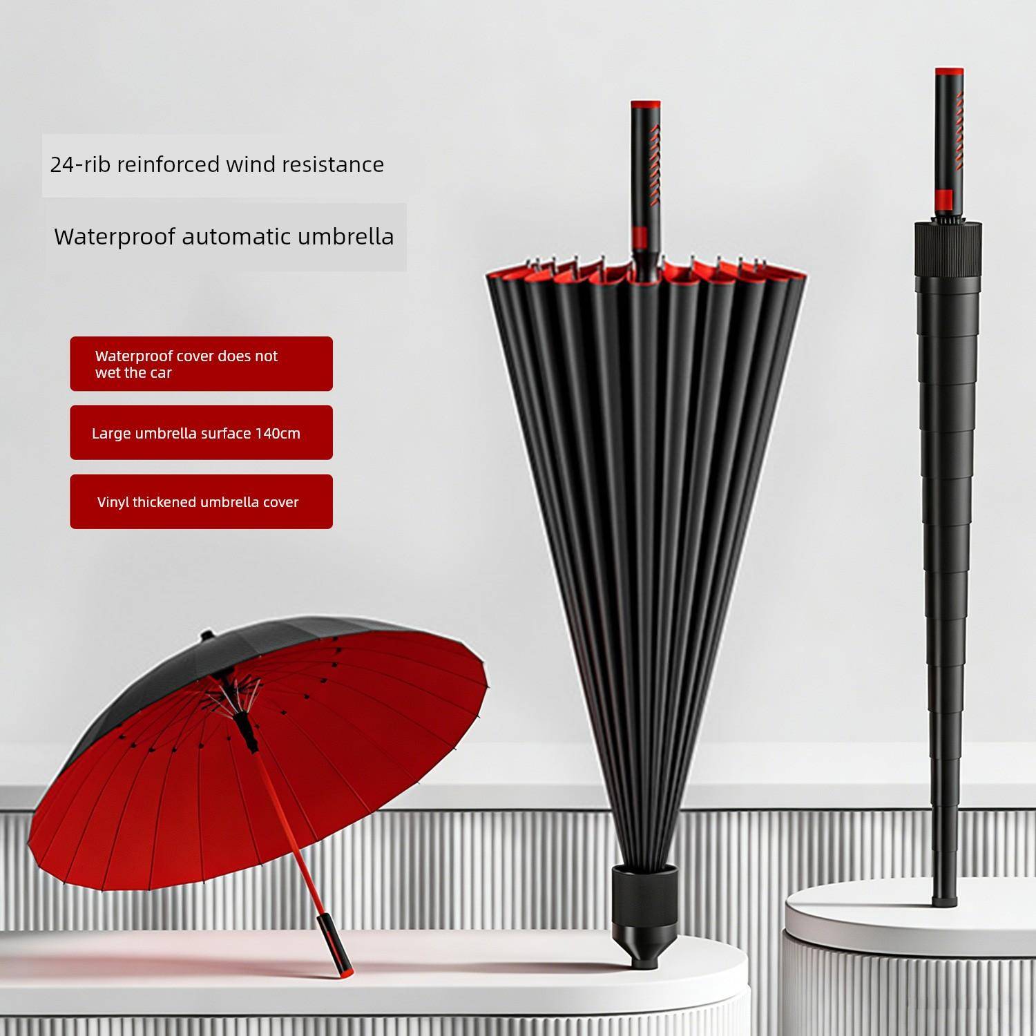 24-Rib Storm-Resistant Umbrella, Enlarged and Thickened, Reinforced, Automatic Long Handle, Double-Person Waterproof Cover, Black Coating, Sun 140cm s