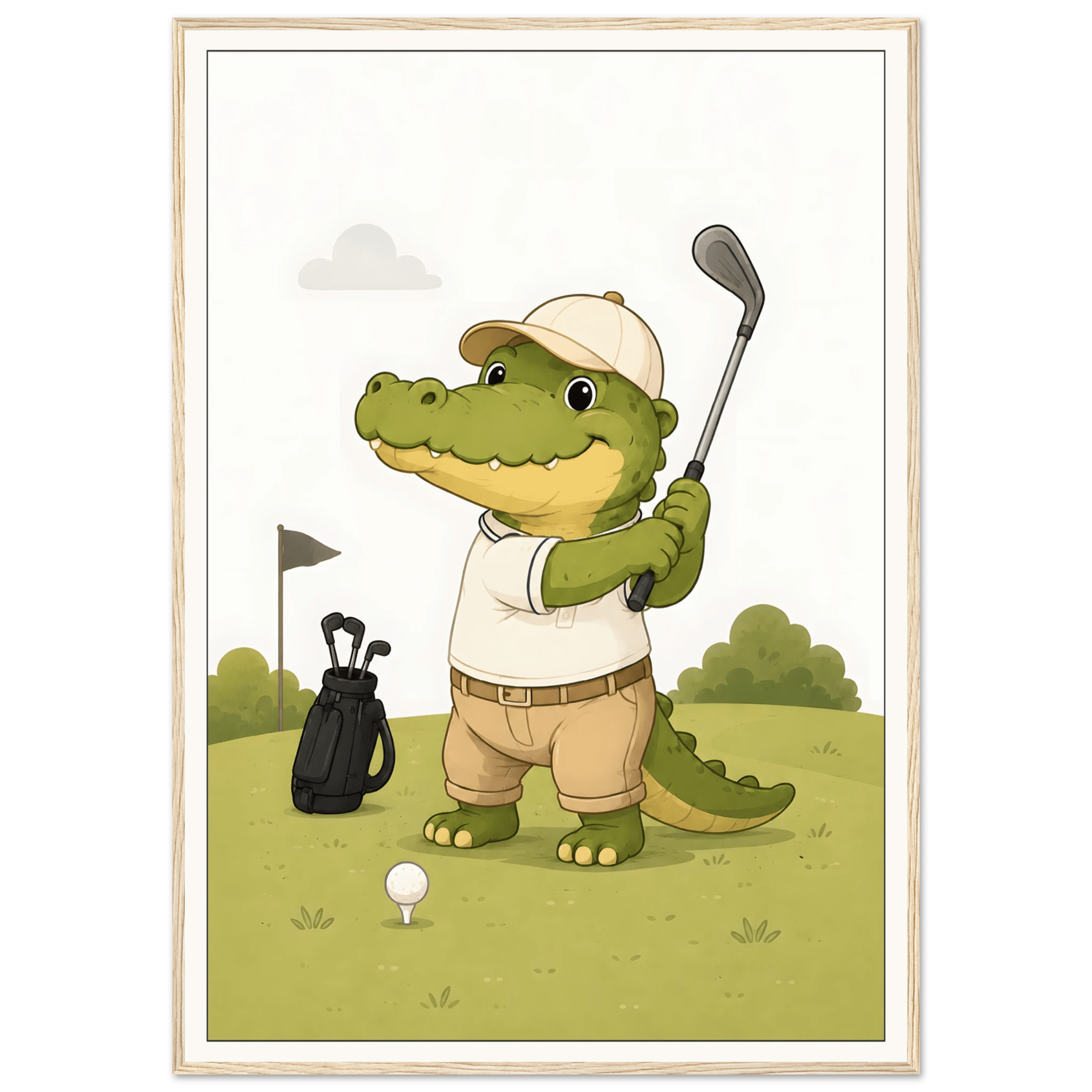 Krokodil spelar golf-70x100 cm / 28x40″ / Med ram / Ljust trä