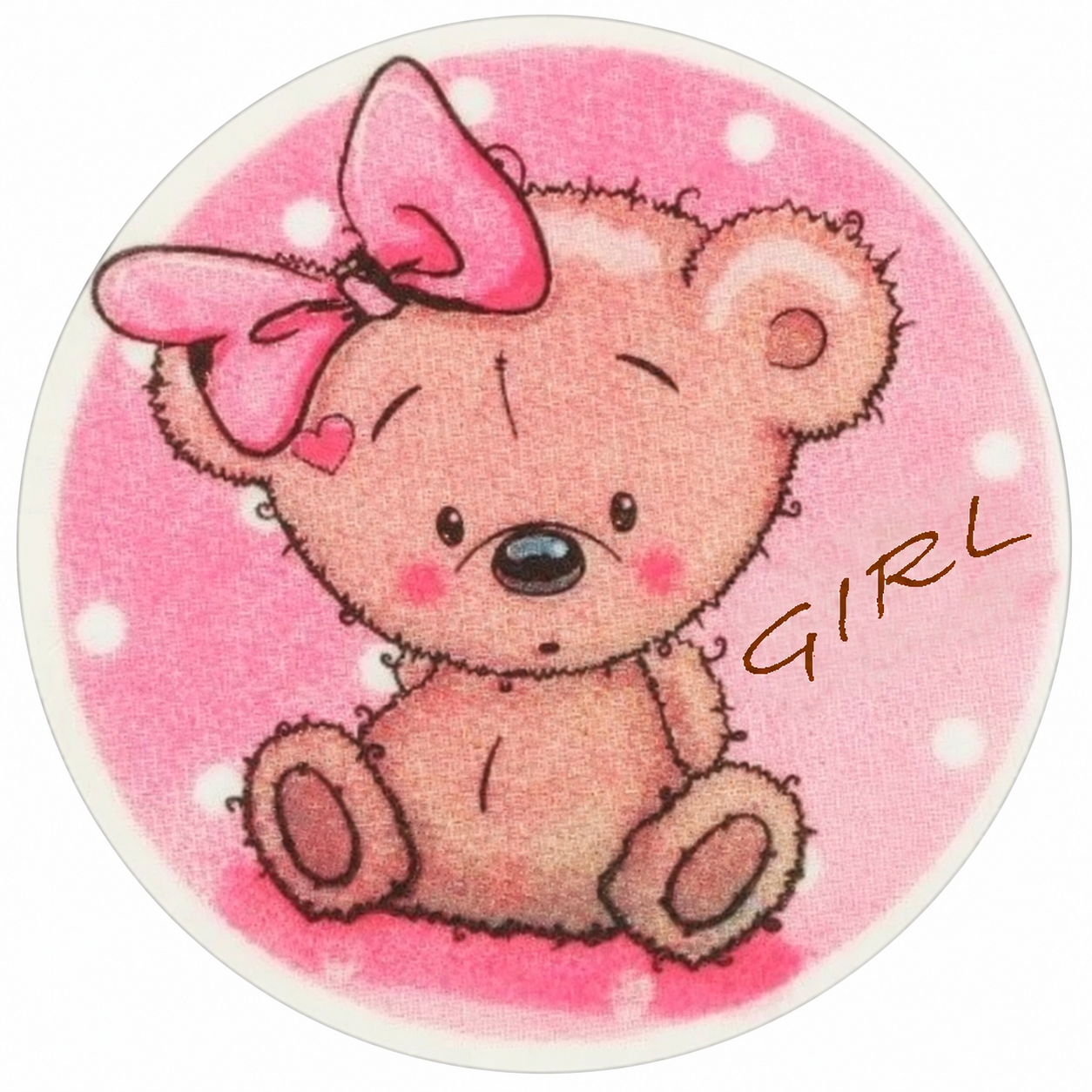 Baby Girl bamse med sløjfe – rundt sukkerprint Ø2–28 cm - 16 cm - 1 stk, Sukkerpapir/Fondantpapir – med udskæring (+15 kr papir +20 kr udskæring)