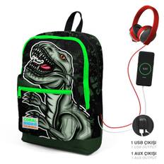 Coral High Kids Dark Green Black Dinosaur Patterned Four Compartment USB School Backpack 23825