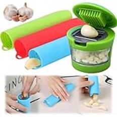 4 stycken vitlöksskalarset i silikon – vitlökspress, krossare, köttkvarn, stamper, silikon, tub, rulle