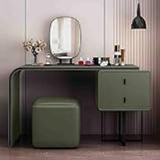 Vanity Set i konstläder, med pall och LED-spegel ， 3 ljusfärger Vanity Desk med lådor ， Makeup Vanity Desk för sovrum flickor kvinnor(Olive-green,100X48x73cm)