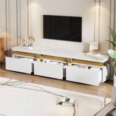 Modernt lågt TV-skåp med marmorlook, TV-skåp, TV-byrå, 200 x 40 x 42 cm – För TV-apparater upp till 90 tum, tre lådor och 1 kabelhållare - Vitt