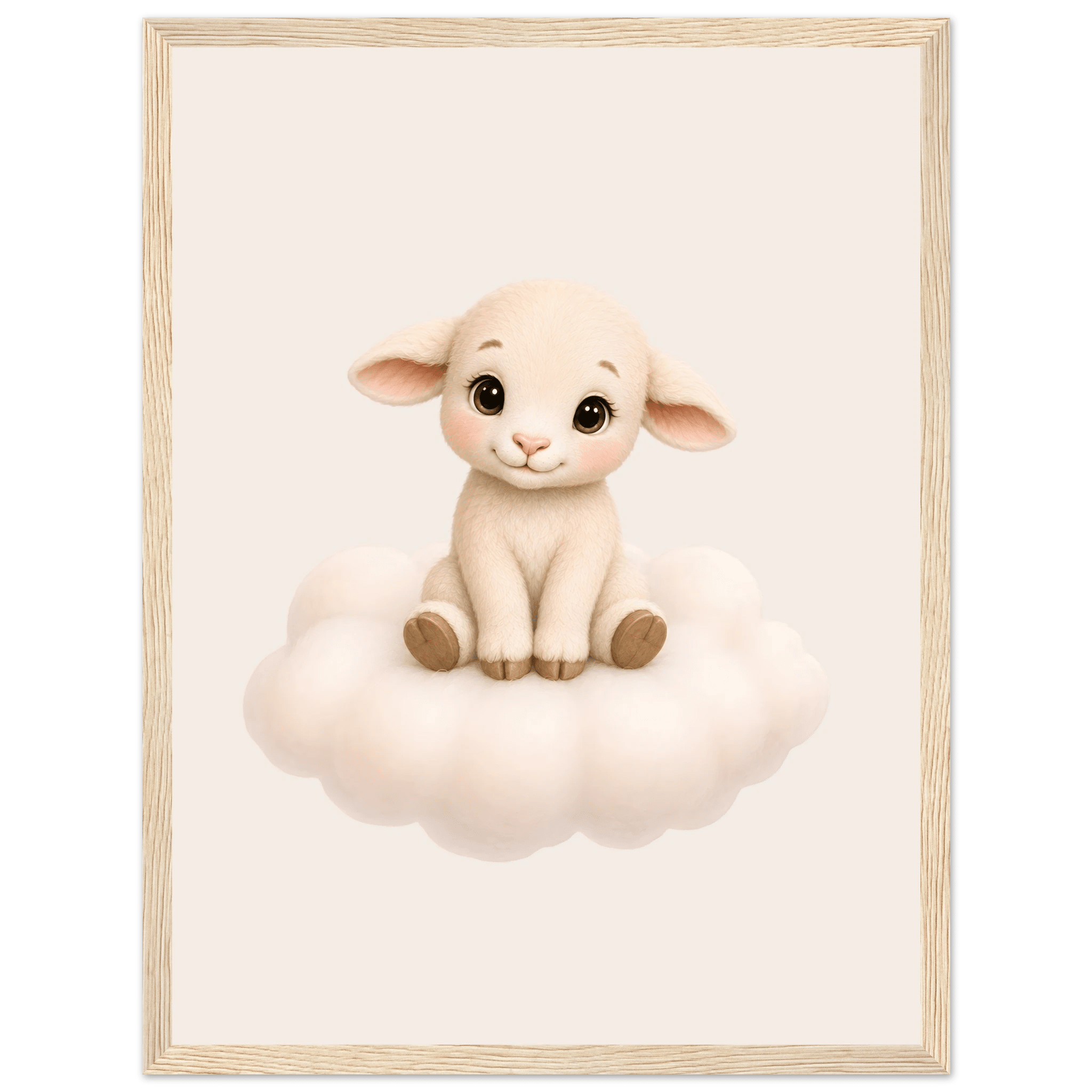 Lamm på moln med namn-30x40 cm / 12x16″ / Med ram / Ljust trä