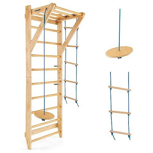 COSTWAY Ribbstol & Klätterställning för Inomhus och Utomhus, 4-i-1 Gymnastikvägg i Trä med Gunga, Repstege & Pull-Up Stång, 100 kg Maxbelastning, Tränings- & Lekställning för Barn & Vuxna