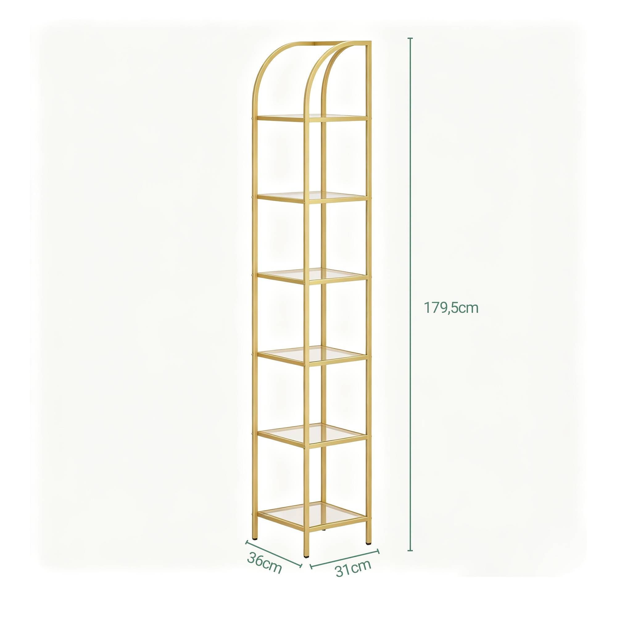 6-tier Bookcase & Glass Display Shelf With Curved - Shelving Unit, Space- Narrow Bookcase Suitable For Living Room, Hallway, Bathroom Storage, Freestanding Modern Furniture With (for /office)