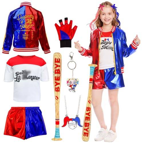 Quin Kostüm Kinder- Mädchen Suicide kostüm Bösewicht Clown Kostüm Set mit Jacke T-Shirt Shorts Handschuh Schlüsselanhänger Halskette für Halloween Faschings Karneval Weihnachten Cosplay Joker Kostüm