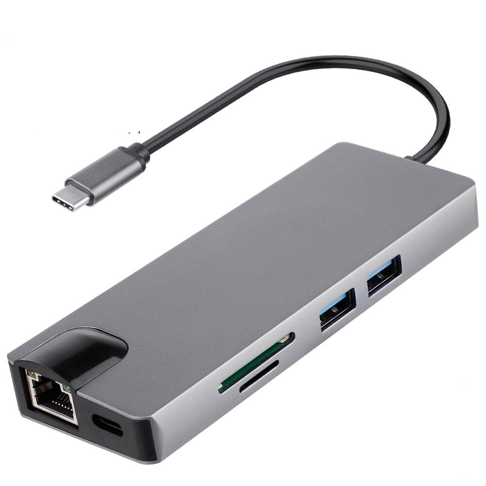 Usb c hub 4k hd 7 in 1 typ c hub med 4k hdmi sd tf kortläsare usb 3.0 port rj45 multi hub splitter för bärbara datorer bärbar telefon - 9 in 1