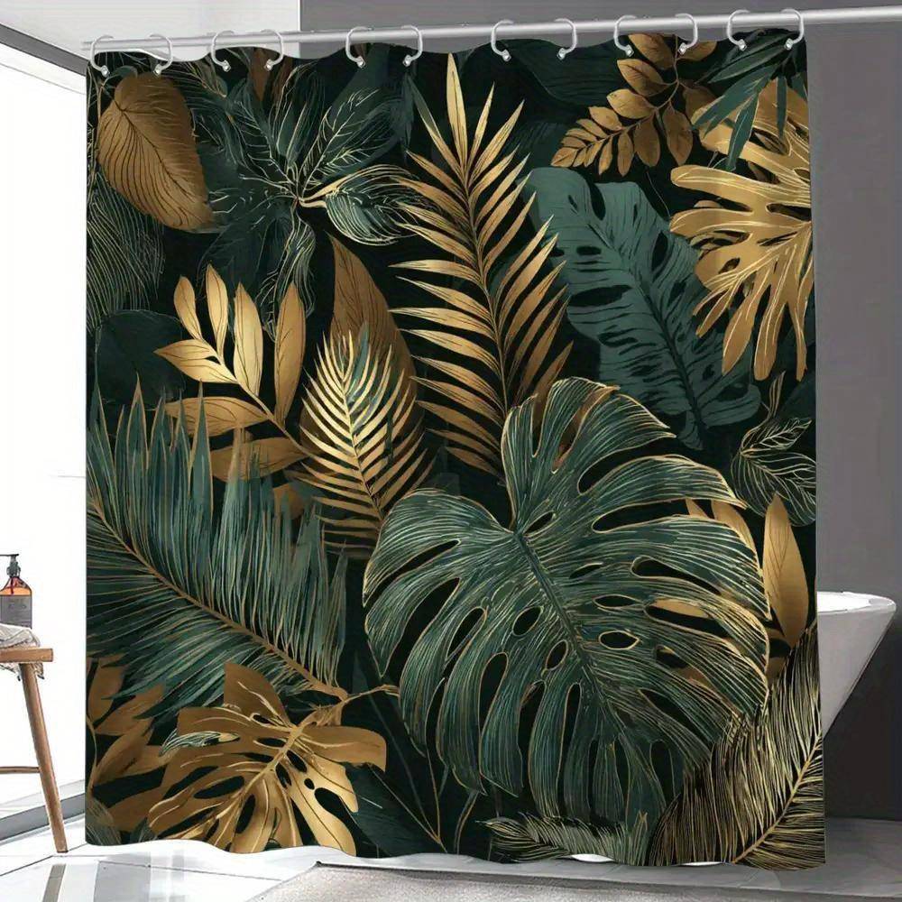 1Pc Golden Green Leaf Bathroom Shower Curtain, Tropical Style, Modern Fashion Shower Curtain, Includes 12 Hooks, 180*180Cm Bat W60H190(CM)-1 Pcs