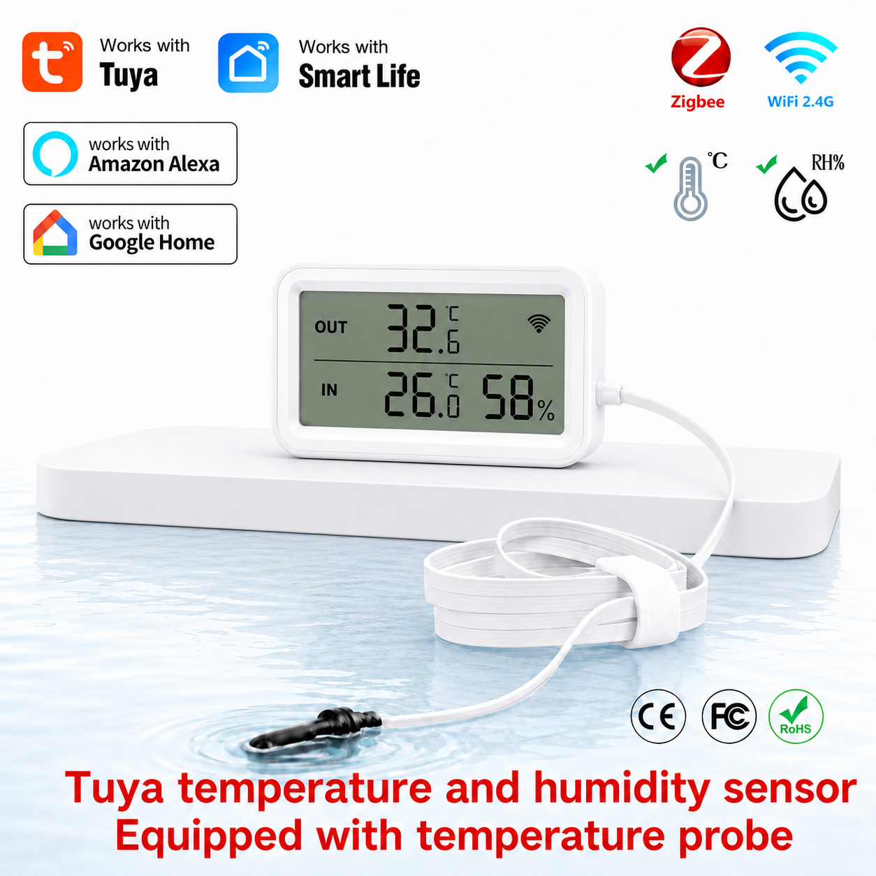 Waterproof External Probe Tuya Zigbee WiFi Smart Home Temp Humidity Sensor LCD for Fridge Aquarium Pool Alexa Google Home