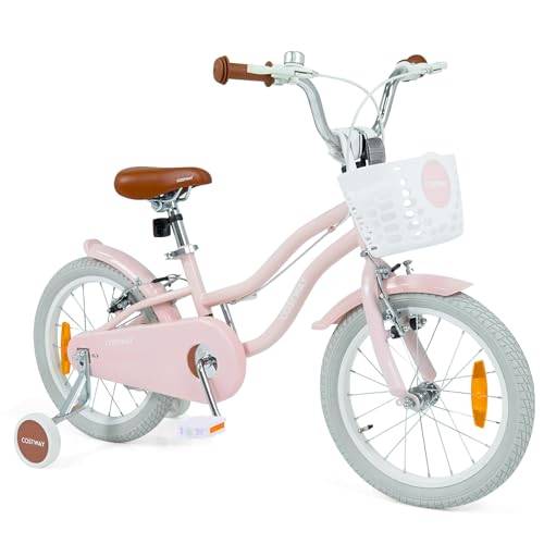 COSTWAY Barncykel med korg & ringklocka, 16-tums flickcykel med justerbar sadel & styror, cykel med dubbelbromsar, avtagbara stödhjul för flickor 4-7 år (Rosa, 16 tum)