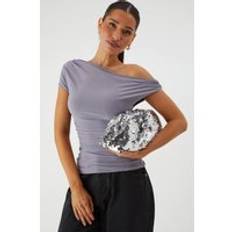 Slouchy Sequin Clutch Bag, Grey - One Size