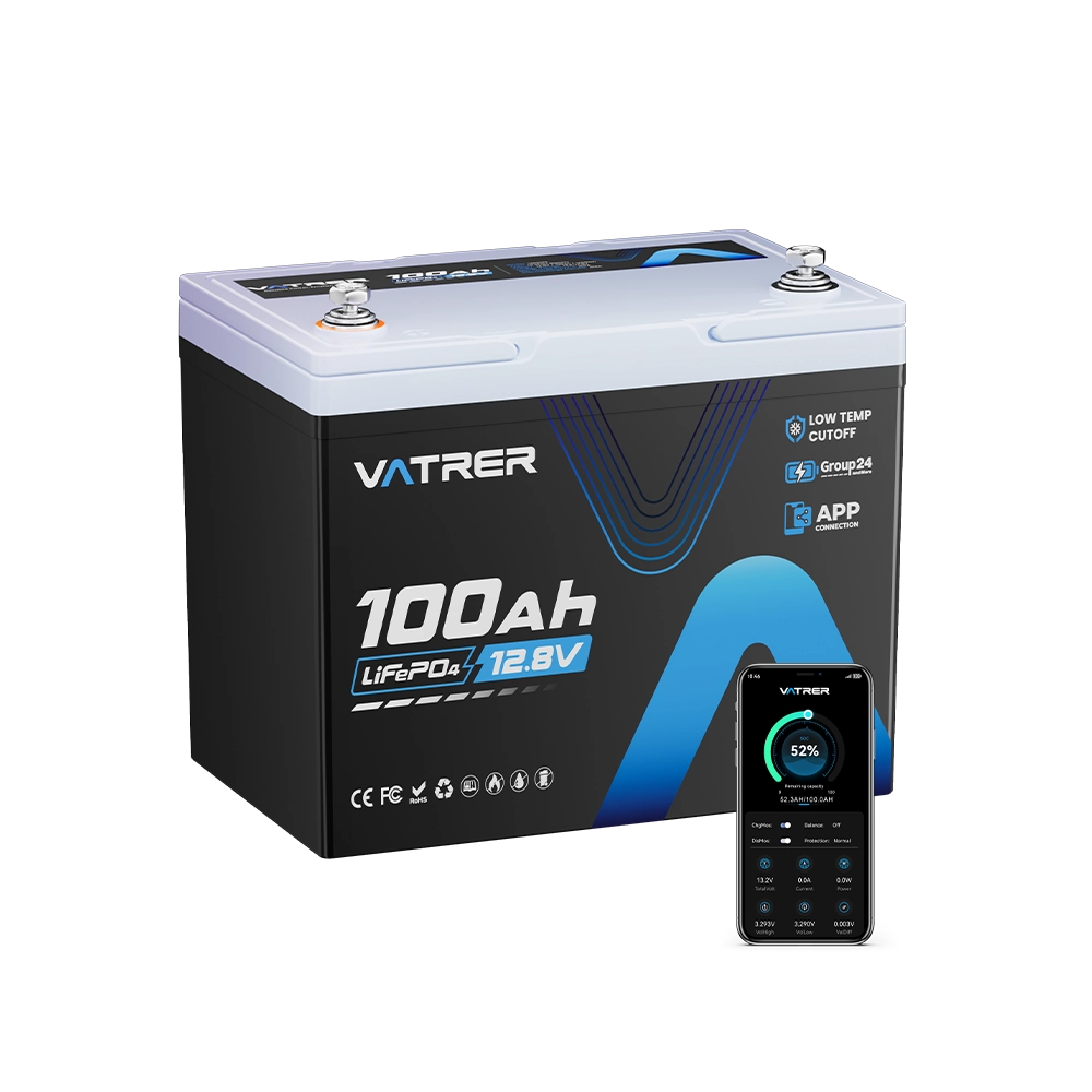 Vatrer 12V 100Ah Group 24 Low Temp Deep Cycle Lithium Battery With Bluetooth - 4 PACK