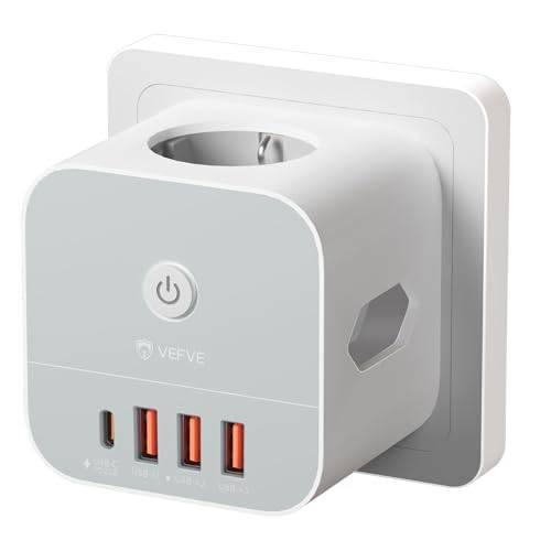 VEFVE USB C PD vägguttag 20 W - USB-uttag, 7-i-1 multikontakt kub med strömbrytare, 1 USB-C-port, 3 USB-A-portar och 3 uttag, 3 680 W - perfekt för hem och kontor