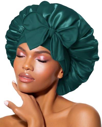 BONNET QUEEN Dubbellagers Satäng Sovmössa för Kvinnor, Satin Bonnet med Långt Justerbart Band, Silk Bonnet för Lockigt och Långt Hår, Hårskydd mot Friss, Mörkgrön, M
