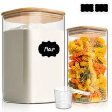 ComSaf Matförvaringsbehållare i glas för skafferi, 4 liter/1,5 liter, mjöl- och sockerbehållare med lufttäta lock, stora fyrkantiga glasburkar med bambulock för ris, pasta, kakor, kaffebönor