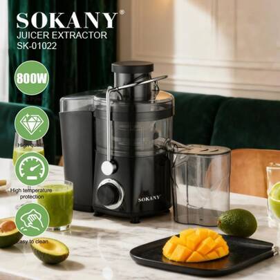 SOKANY 01022 Hemcentrifugaljuicer, multifunktionell långsam juicer, 800W kraftfull motor, 1500ml stor kapacitet, spiralpressningsteknik, 70mm bred rän - Svart