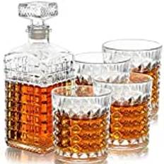 Belle Vous Glas Whisky Karaff Uppsättning (5 Delar) - 500 ml Likör Karaff med 4 260 ml Graverade Glas - Karaff Uppsättning Perfekt för Whisky, Vin, Brandy, Bourbon och Annan Likör