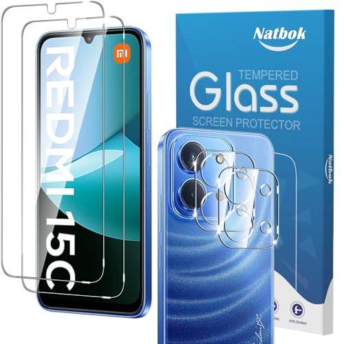 Natbok 2 + 2 st skärmskydd för Xiaomi Redmi 15C/Redmi 15 C 4G/5G med kameraskydd, härdat glas för Redmi 15C, 6,9 tum hårdhet 9H anti-fingeravtryck, bubbelfri härdat glas