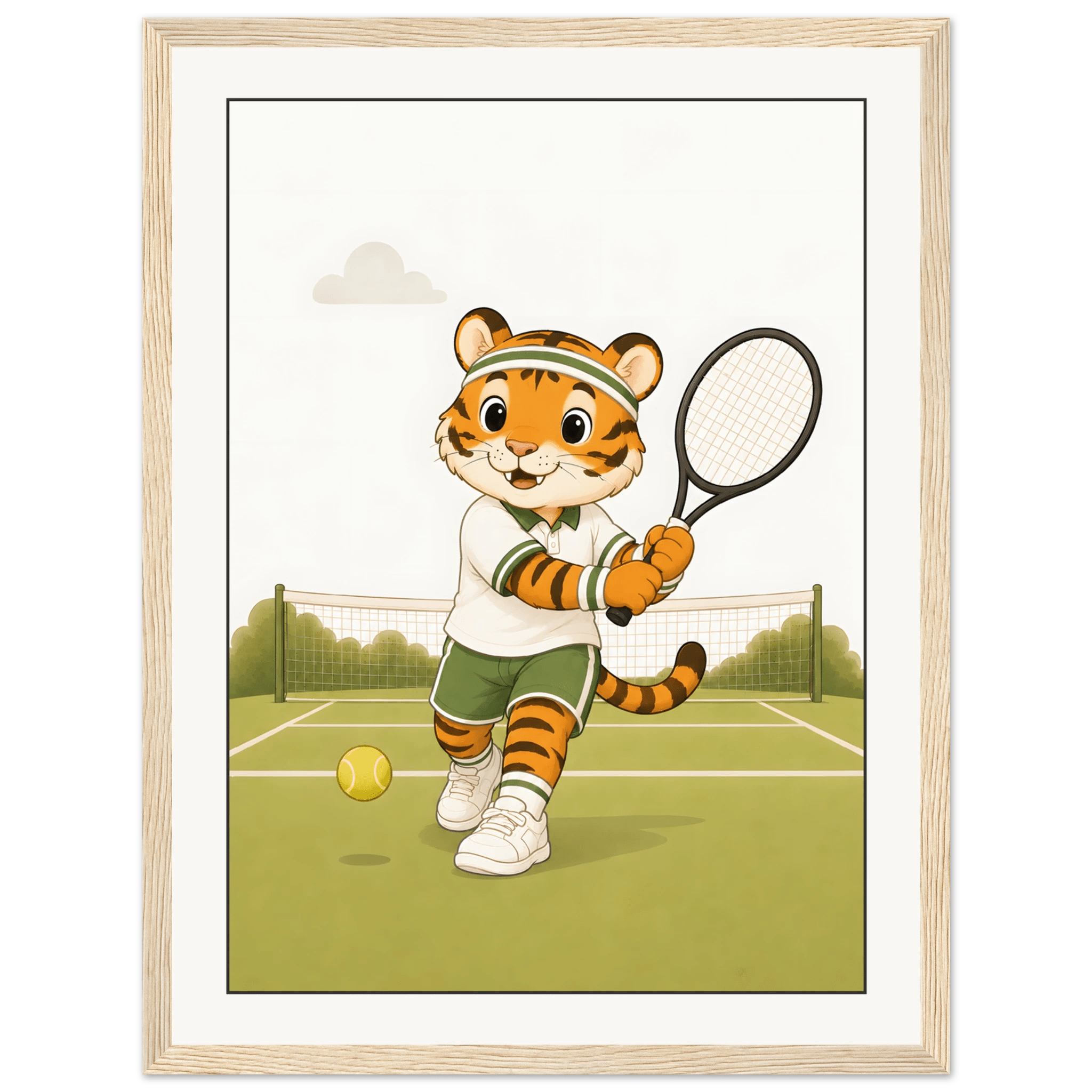 Tiger spelar tennis-30x40 cm / 12x16″ / Med ram / Ljust trä