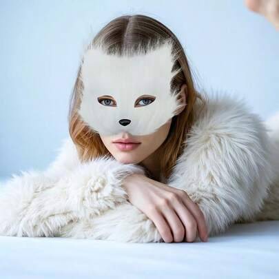 1 st halvmask för ansiktet i konstpäls med rävdesign, fluffig plyschmask med katt- och vargmotiv (med elastiskt band), lämplig för Halloweenfest, mask - Multifärgad