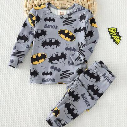Babypojke pyjamasset med tätt passform, fladdermusmönster, mjuk stickad rund halsringning, långärmad topp och långbyxor med resår i midjan, 2 delar - Multifärgad (2Y,3Y,9-12M,12-18M,18-24M)