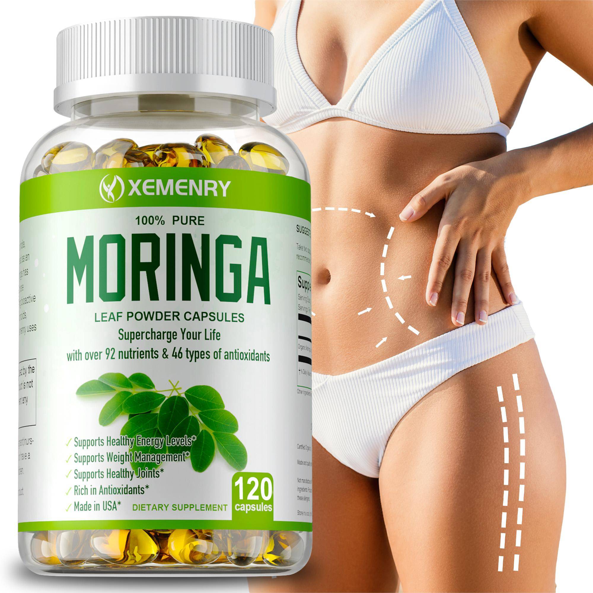 XEMENRY - Kapslar med rent moringabladspulver - Flera näringsämnen och antioxidanter - Energi