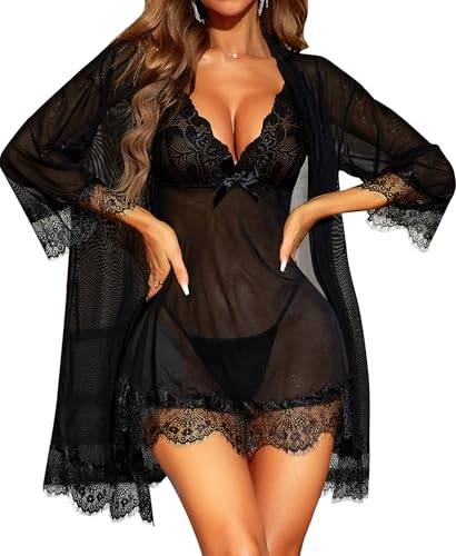 RSLOVE Sexy Dessous für Damen Spitzen-Babydoll mit Morgenmantel Nachtkleid Nachtwäsche Schwarz XXL