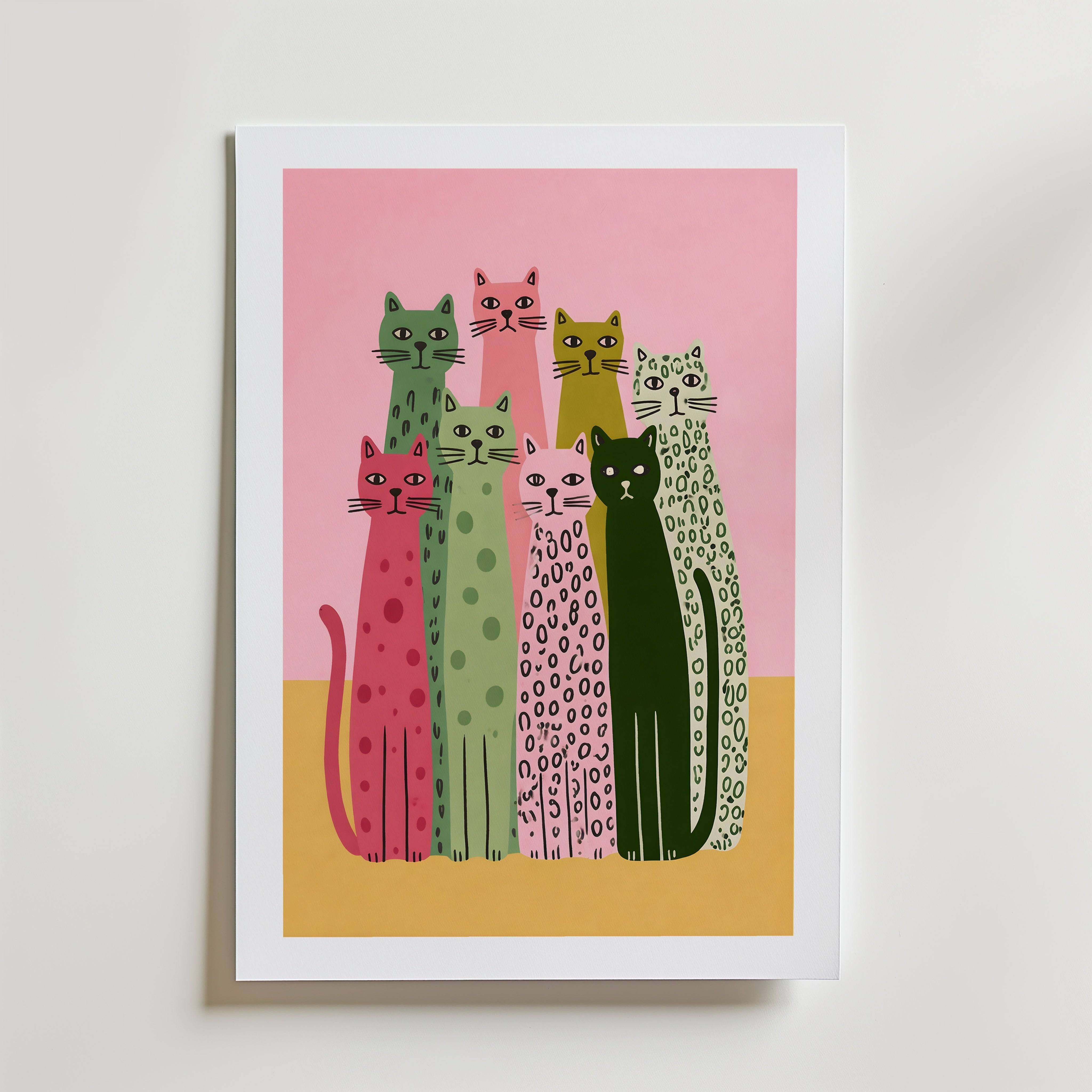 Colorful Cat Lineup Poster - Premium Canvas 30x40 cm Med passepartout