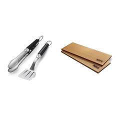 Weber 6645 Original Portable 2-Piece Stainless Steel Tool Set & 17522 - Zeder, Holz, brauner Rauchblock, 30 x 15 x 1 cm