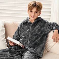 2st Tween Boy Cozy Comfort Ribbad krage Cardigan Långärmad Topp & Mjuk Plysch Ananas Jacquard Vändbar Fleece Pyjamas Set, Höst/Vinter - Grå (8Y,9Y,10Y,11Y,12Y)