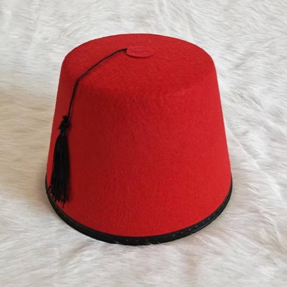TEMU 1pc Moroccan Hat Felt Fez Cap Costume Accessories Red Color Round Turkish Tassels Cap Breathable Cosplay Fez Hat Role Play Headwear