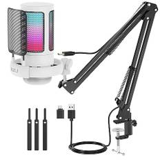 NJSJ USB-spelmikrofonkit för PC, RGB-kondensatormikrofon, podcast-mikrofon med övervakningsuttag, snabbdämpning, förstärkningskontroll, mikrofon med justerbar arm för inspelning av Twitch Mac PS4/5