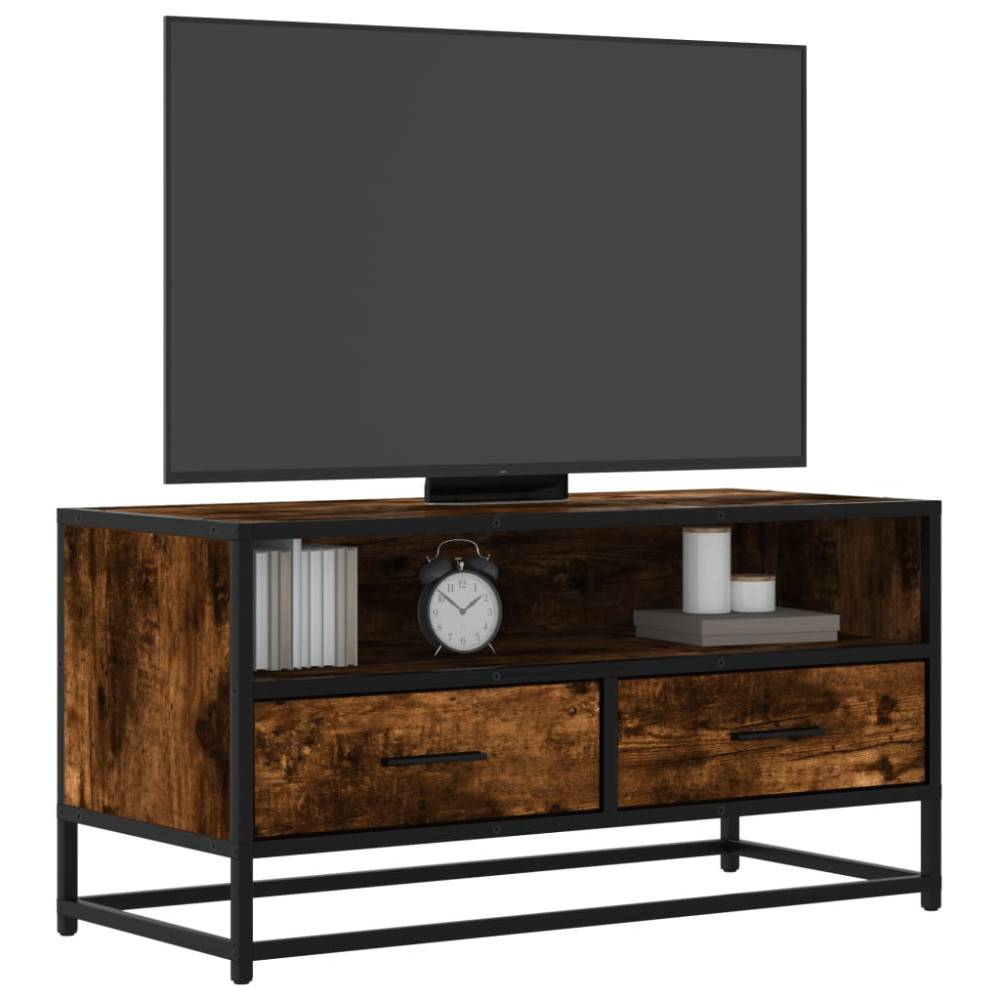 Tv-bänk rökfärgad ek 80x34,5x40 cm konstruerat trä och metall