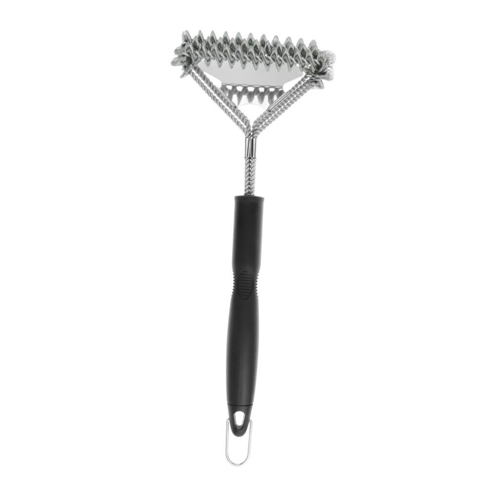Grilltilbehør til rengøring af grill, børstefrit design i rustfrit stål med tredobbelte børstehoveder og ekstra skarp skraber, fleksibel børste
