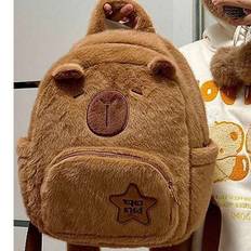 Söt Buffalo Plysch Ryggsäck, Mjuk Fuskpäls, Kaffefärgad, Med Tecknad Broderi, Blixtlåsfickor, Tygfoder, Mycket Lämplig För Flickor Och Studenter, Perf - Brun (En-Storlek,Stor väska (exklusive liten väska))
