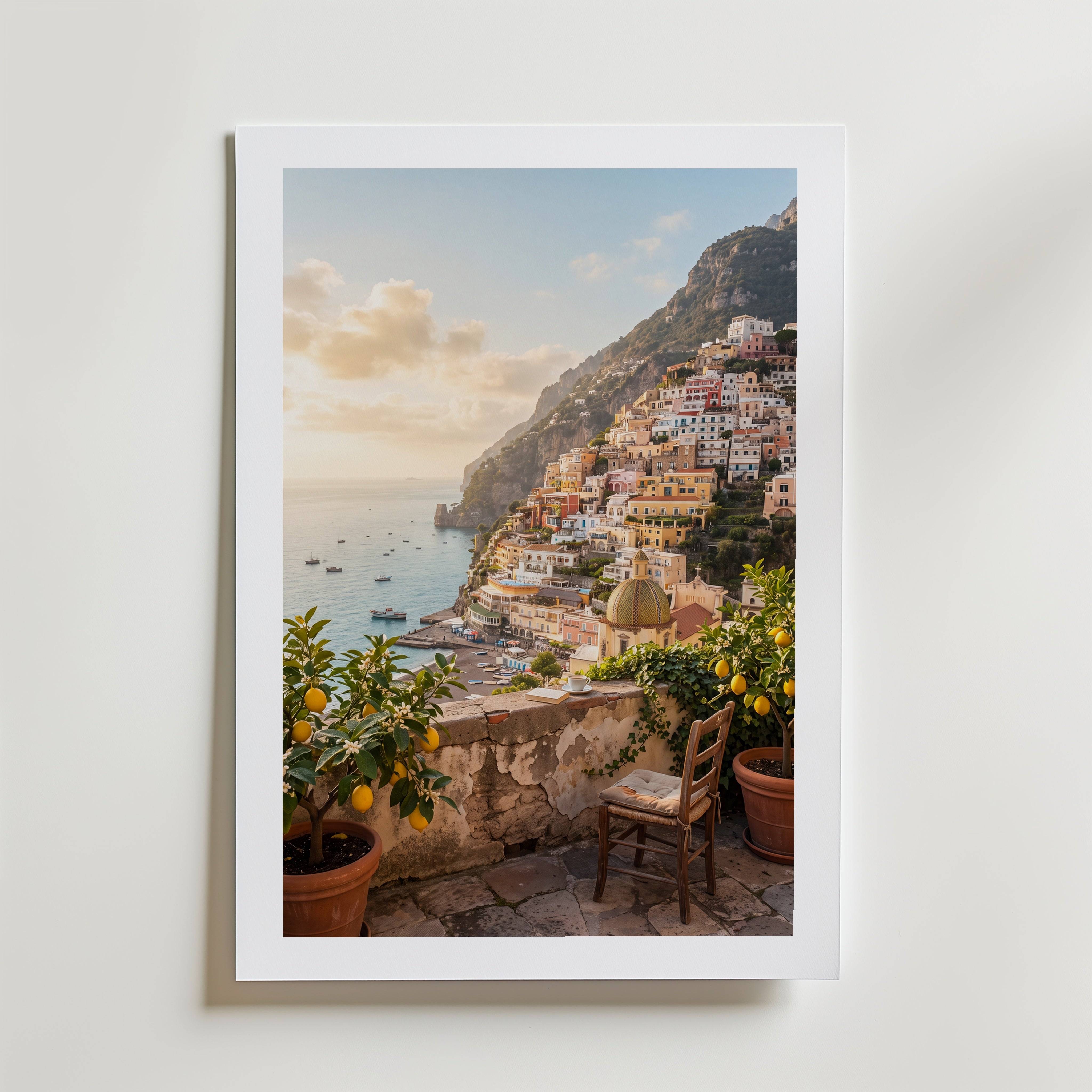 Positano Morning Poster - Premium Canvas 70x100 cm Med passepartout