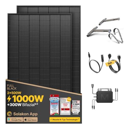 Solakon® 1000W Balkonkraftwerk mit Halterung (Balkon) - Balkonkraftwerk 800W komplett Steckdose - neuester 800 Watt Wechselrichter - Solaranlage Komplettset - 500W bifaziale Solarmodule inkl. Zubehör